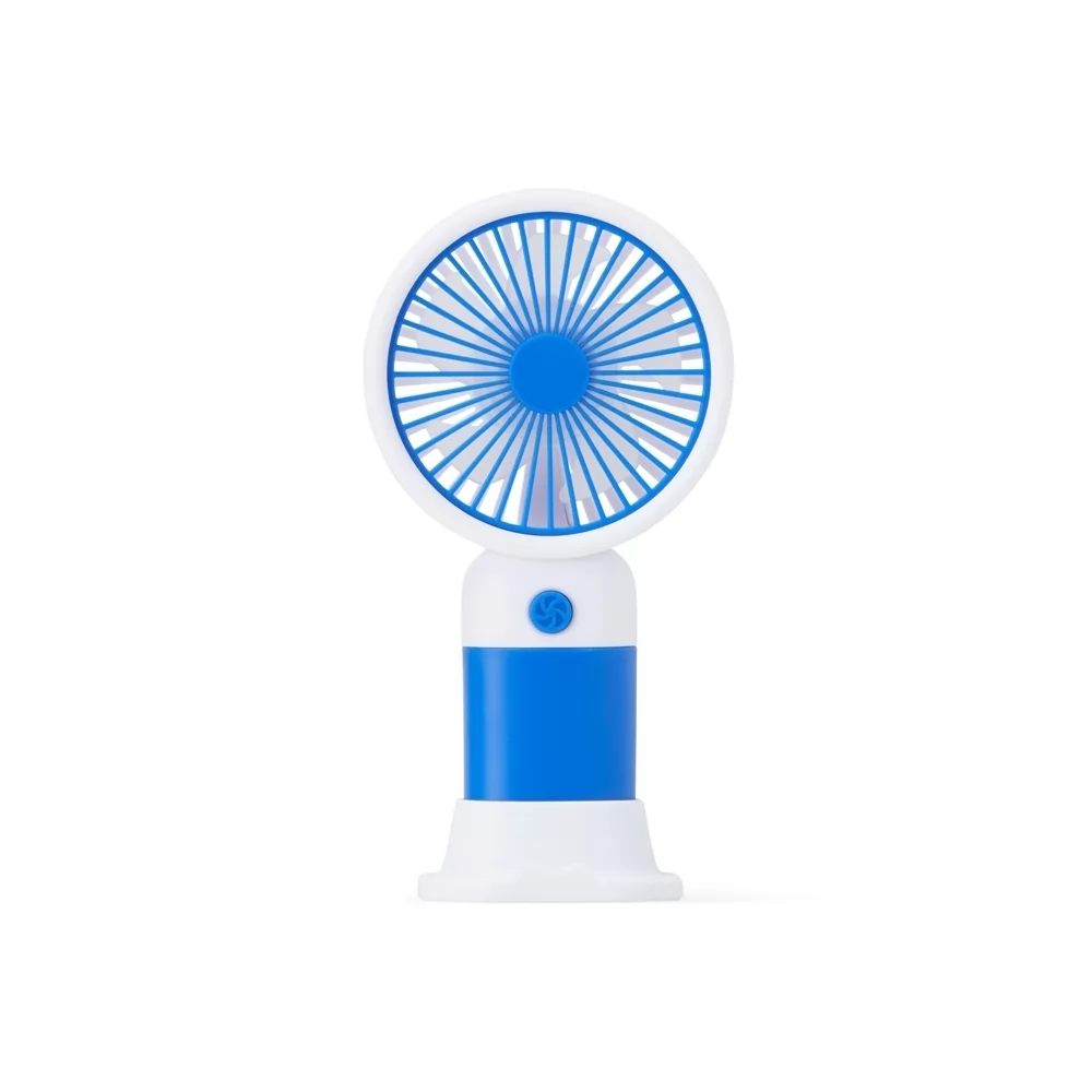 Mini ventilador plástico recarregável com base nas cores azul e branco visto de frente em fundo branco