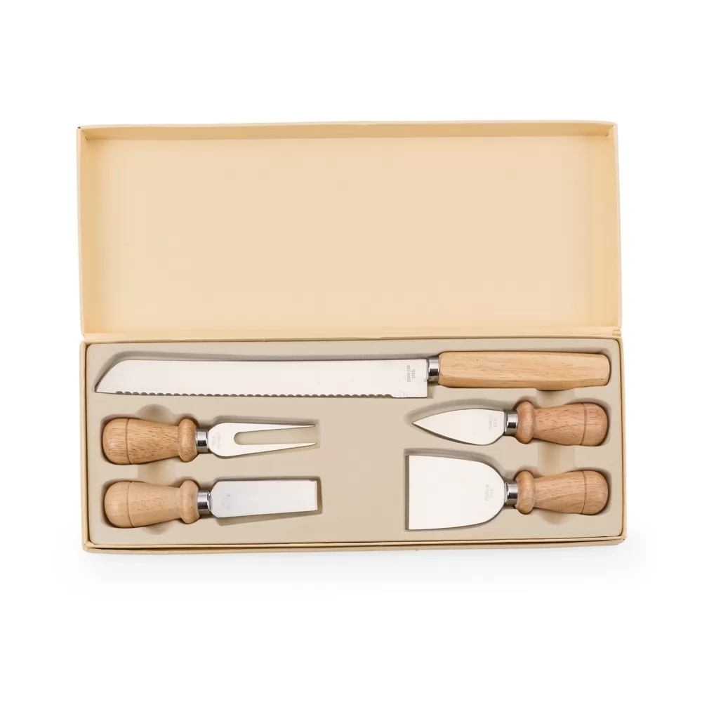 Kit queijo em estojo de papelão aberto com facas e garfo de inox e cabo de madeira