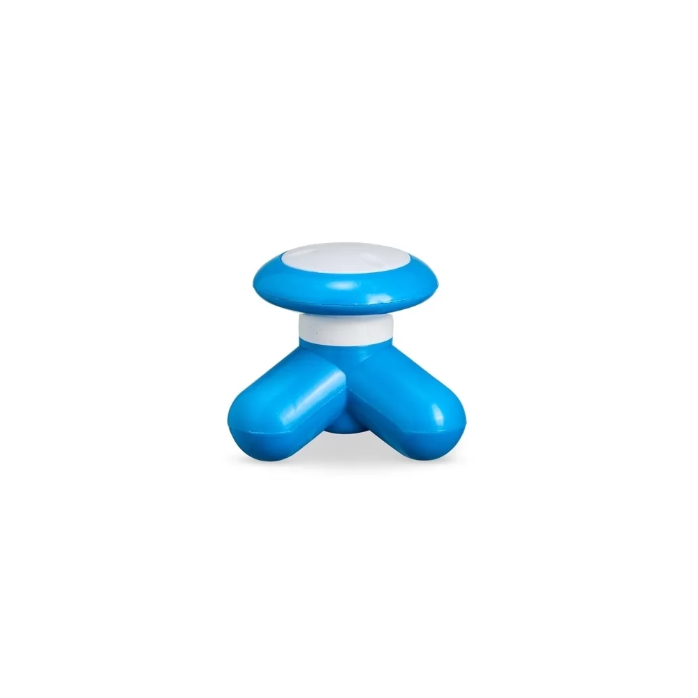 Mini massageador corporal em plástico na cor azul com detalhes brancos em fundo branco