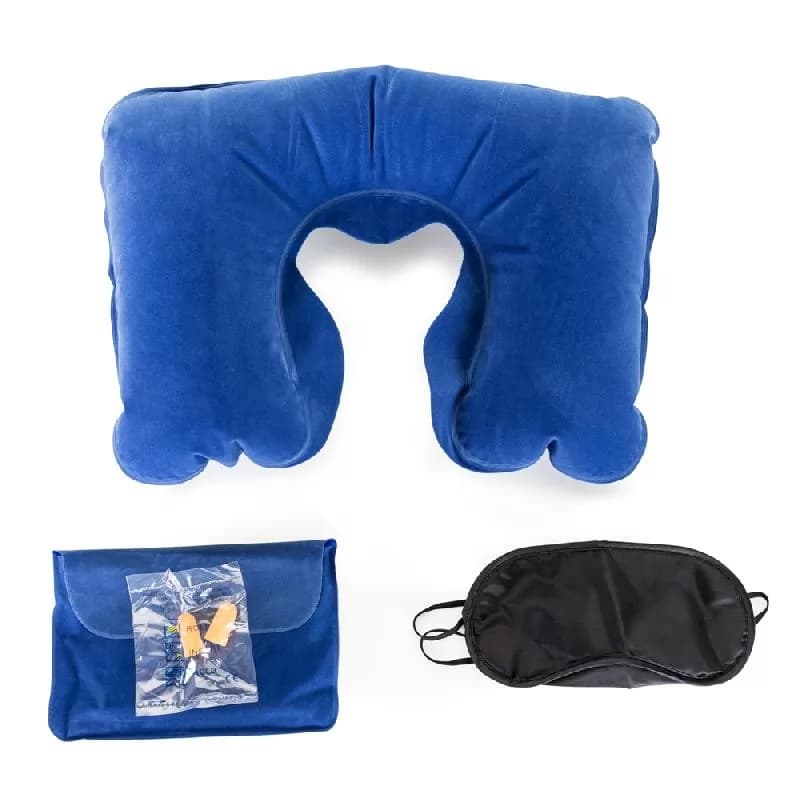 Kit viagem com almofada de pescoço azul aveludada, máscara de dormir preta, protetor auricular e estojo