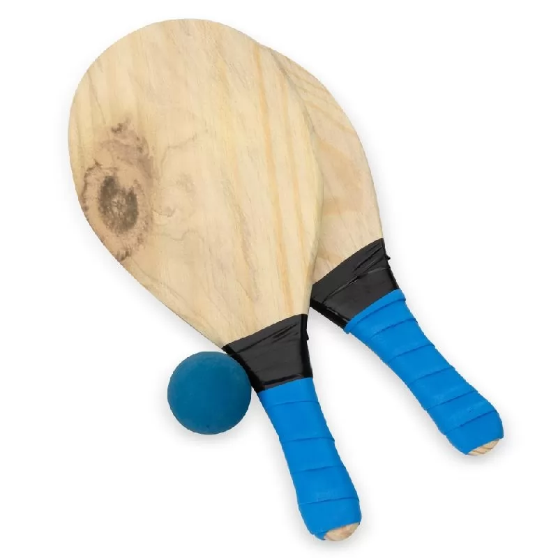 Kit frescobol de madeira com duas raquetes de cabos azuis e uma bolinha azul