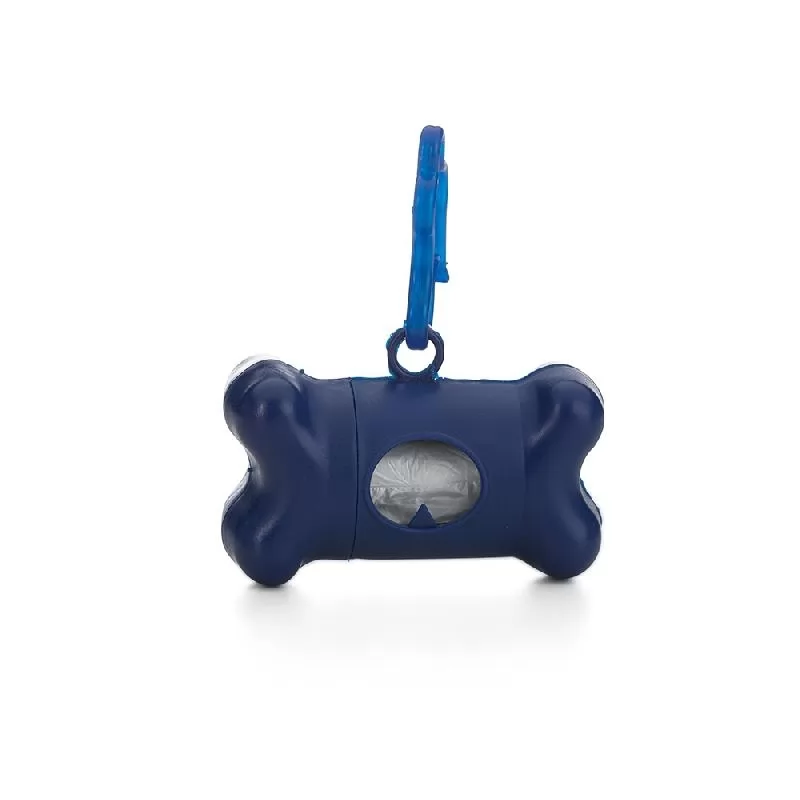 Kit saquinho coletor pet azul em formato de osso com mosquetão plástico e abertura frontal