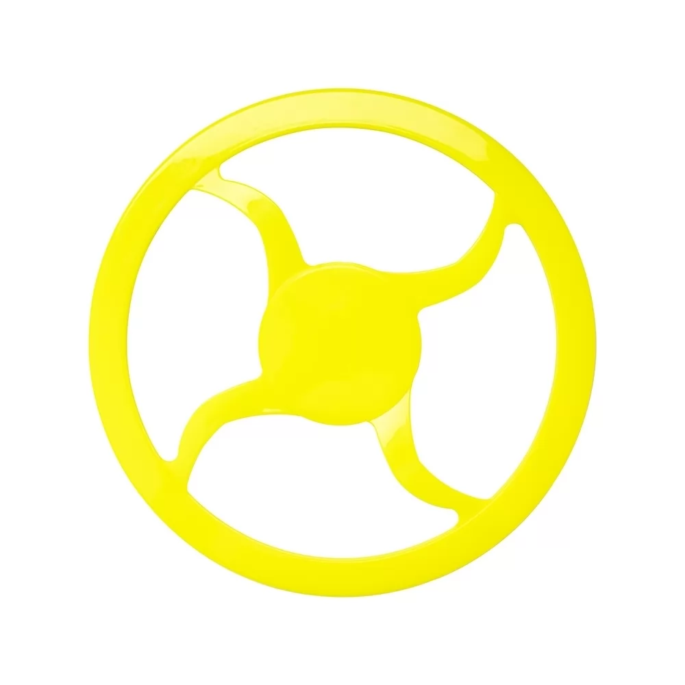 Frisbee para pet em plástico amarelo fluorescente com aberturas vazadas visto de frente sobre fundo branco