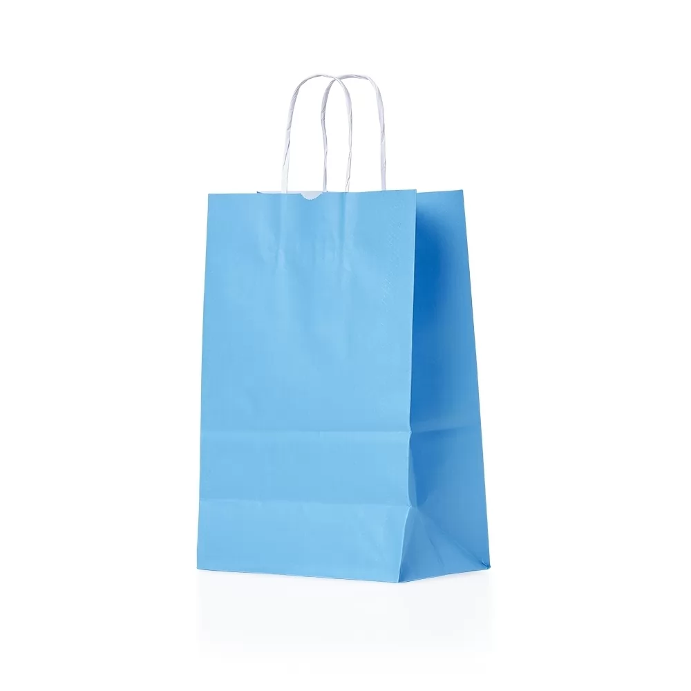 Sacola kraft pequena na cor azul clara com alça torcida branca vista em pé sobre fundo branco