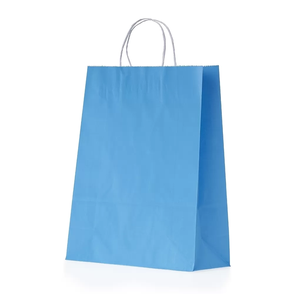 Sacola de papel kraft média na cor azul com alça de papel torcido
