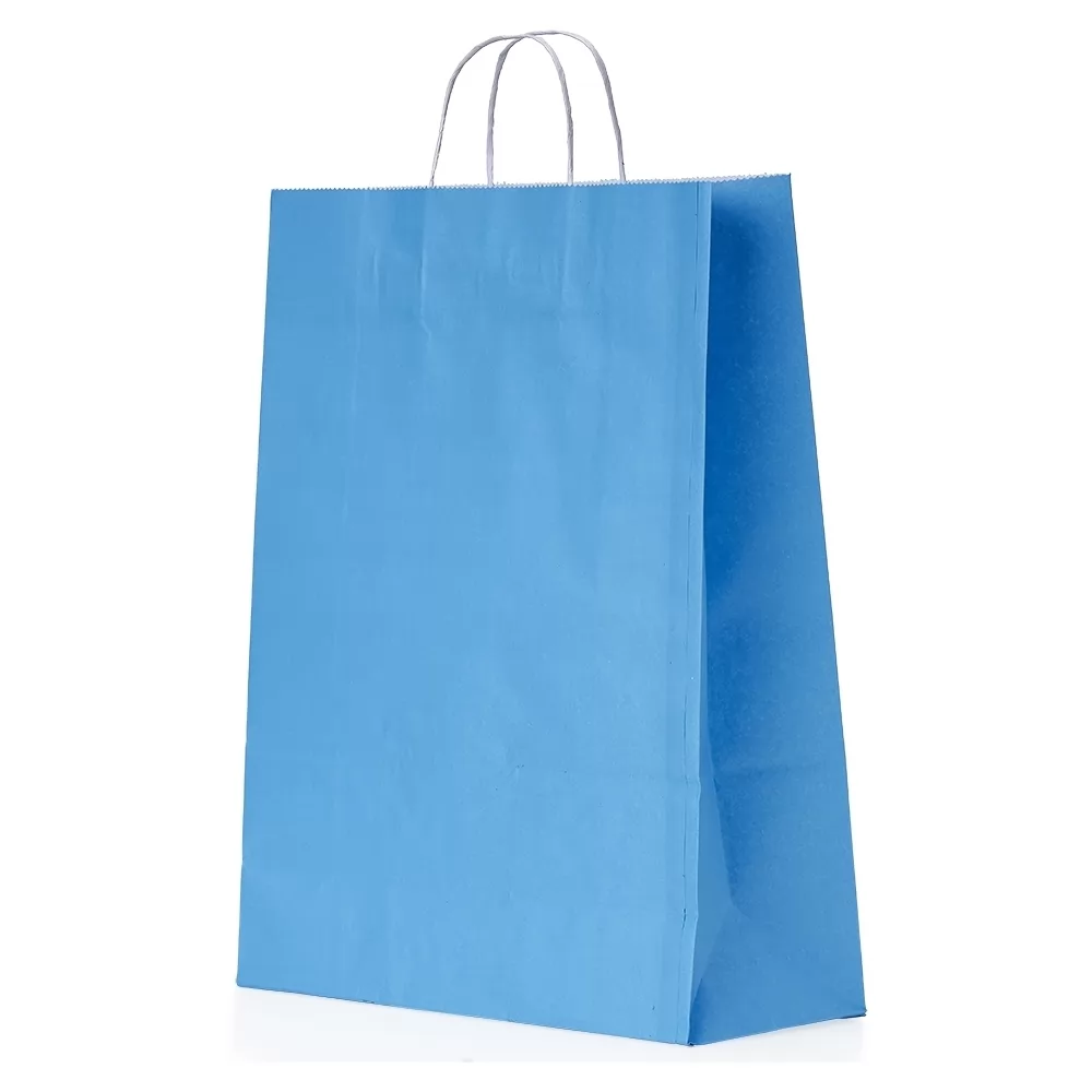 Sacola kraft grande azul com alça de papel torcido sobre fundo branco