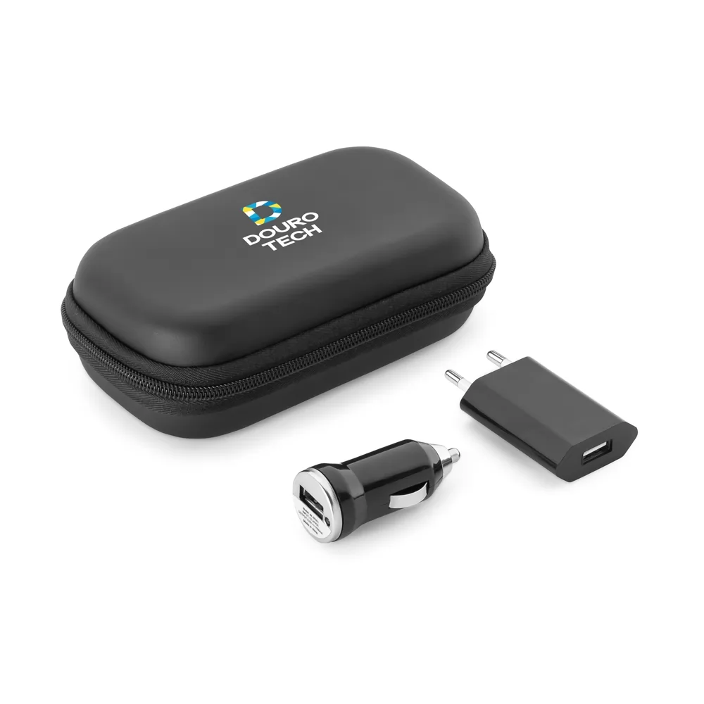 Kit de adaptadores USB Caine com estojo preto personalizado, carregador veicular e de tomada