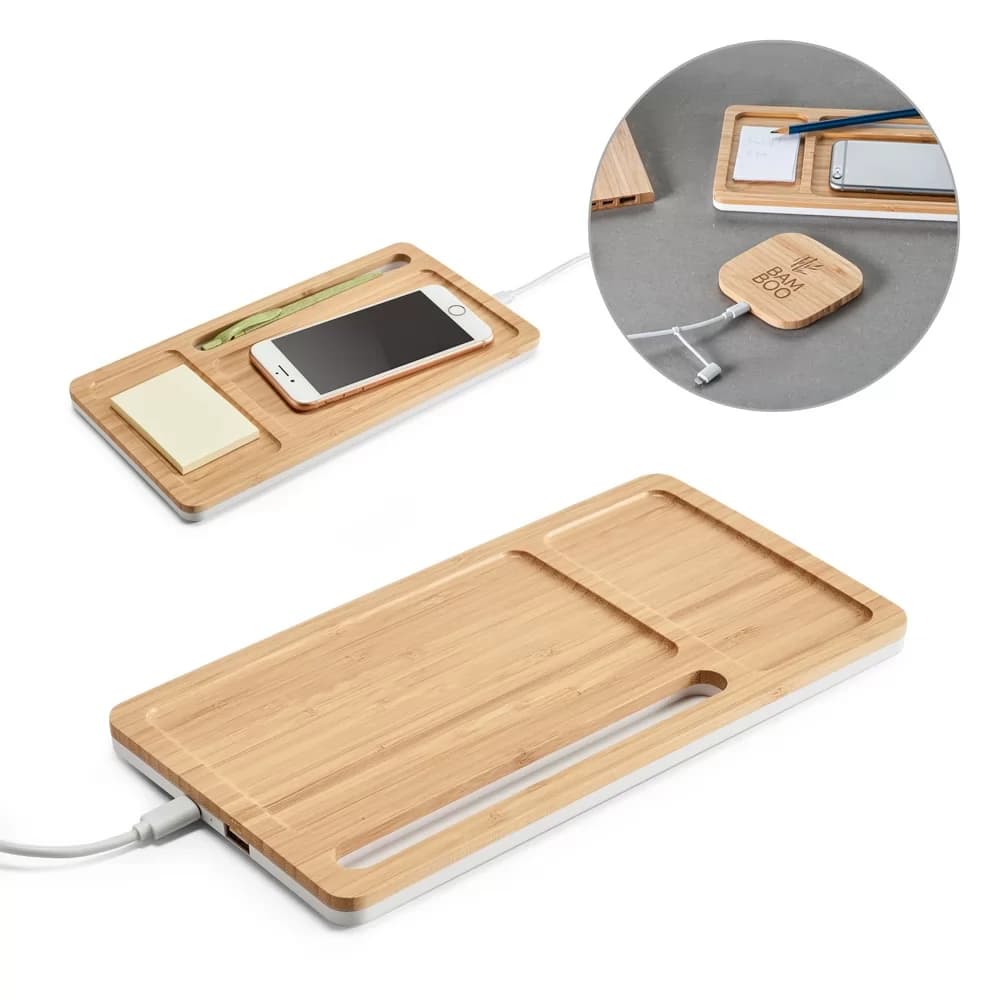 Organizador de mesa Motto em bambu com divisórias para celular e caneta, acompanhado de cabo USB conectável
