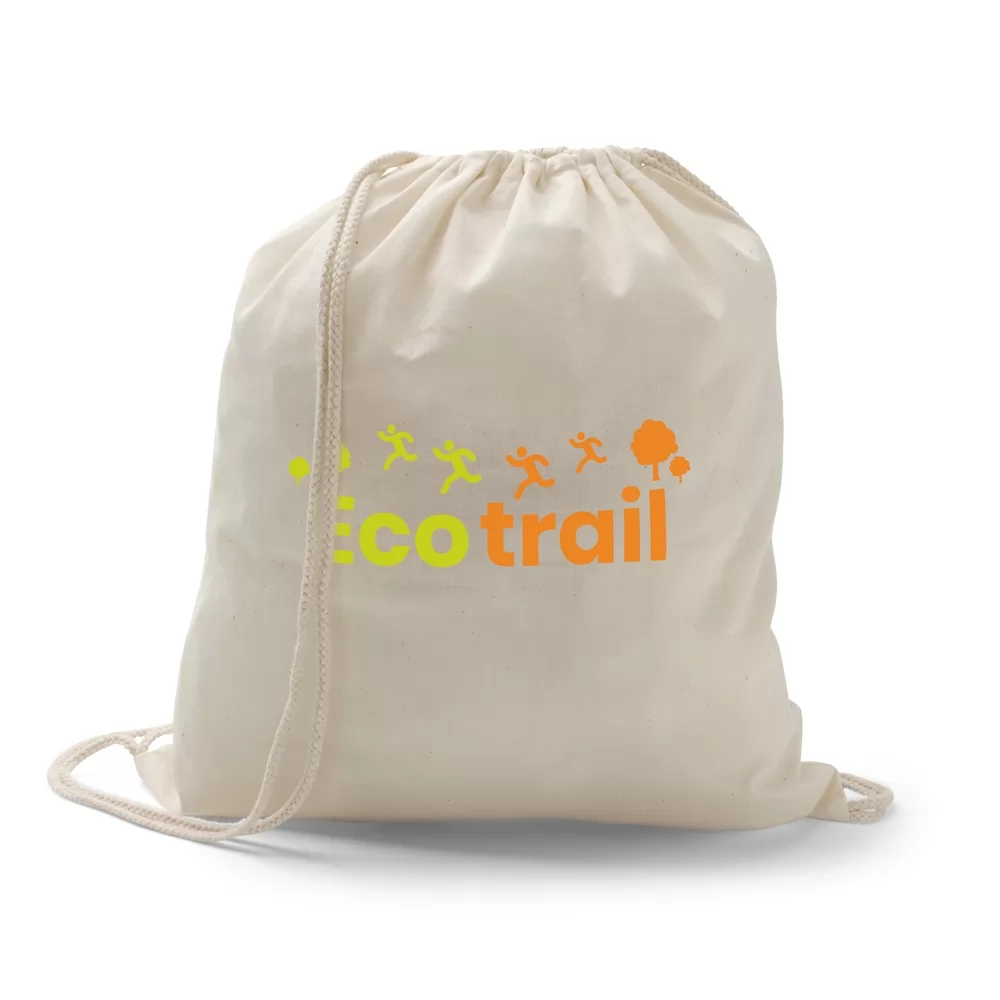 Sacola tipo mochila Hanover em algodão cru personalizada com logo Eco trail em destaque
