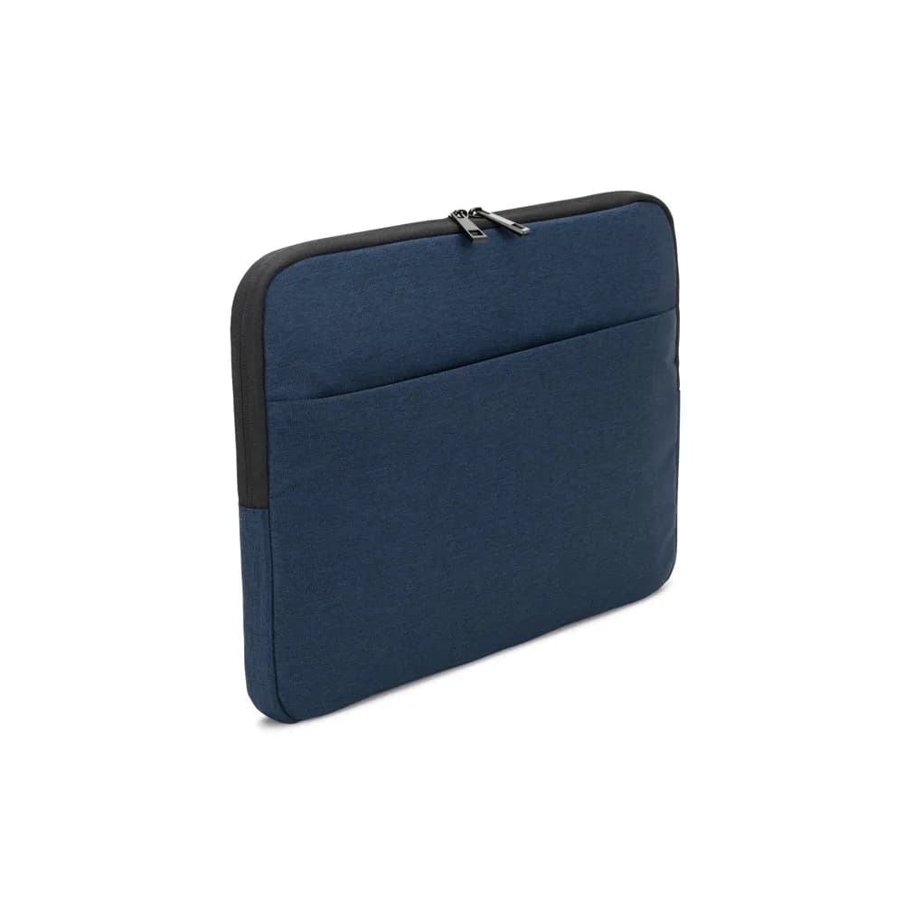 Pastas para notebook em azul e cinza escuro, a azul com notebook e caneta saindo pela abertura superior