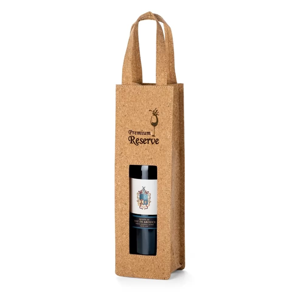 Sacola para 1 garrafa Borba em cortiça com visor transparente e logo personalizado