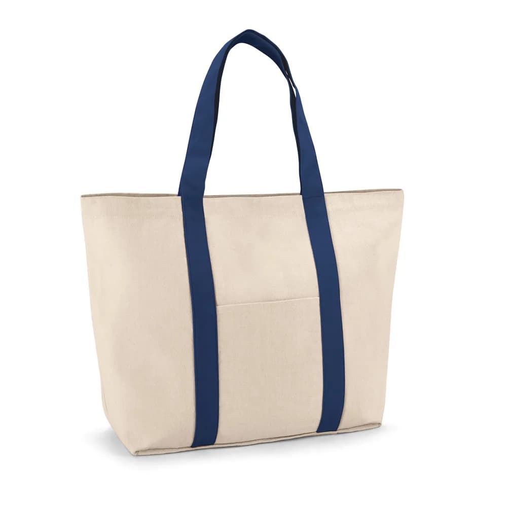 Duas sacolas Ville em canvas natural, uma com alças azuis e outra com alças natural claro