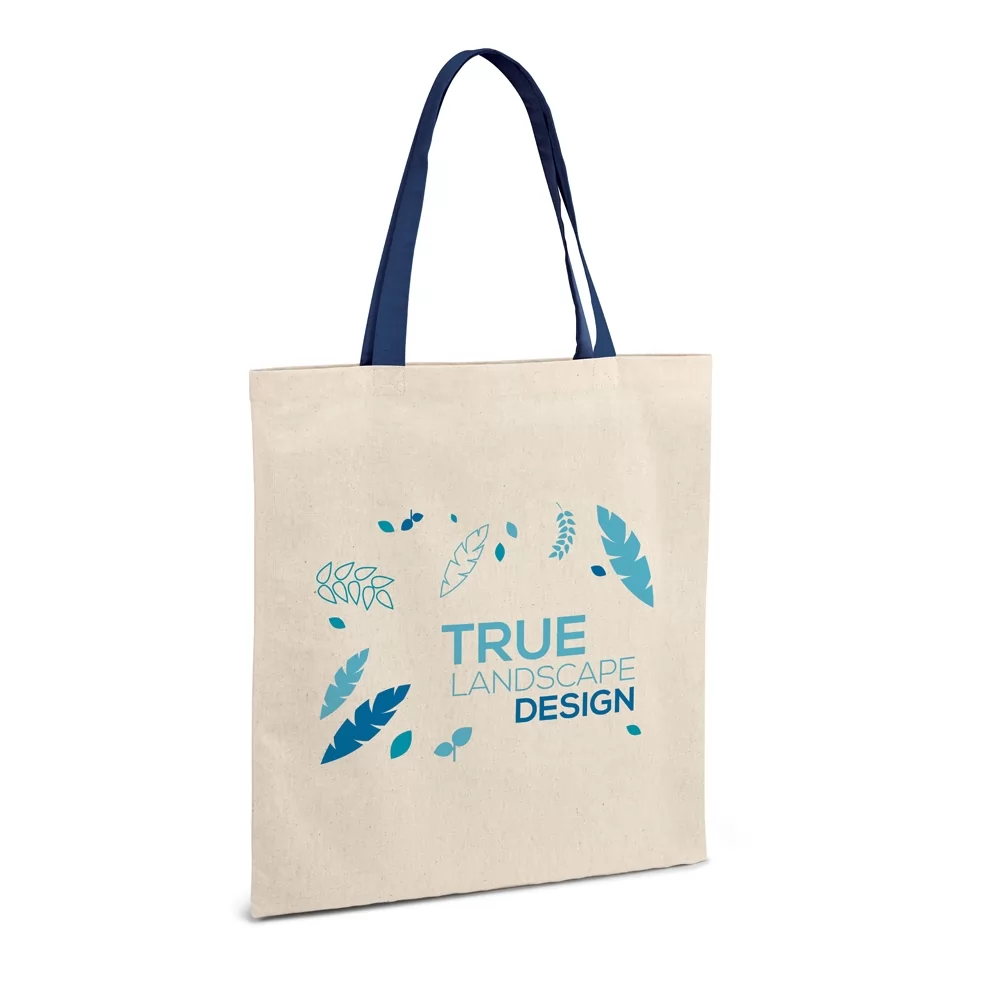 Sacola Kolonaki de algodão cru com alças azuis, personalizada com logo estampado em azul
