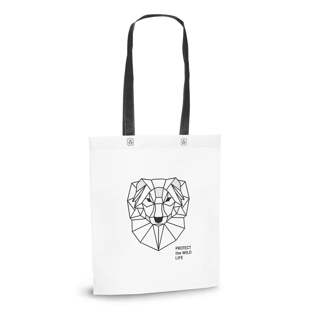 Sacola non-woven Woodbury branca com alças pretas e estampa geométrica frontal