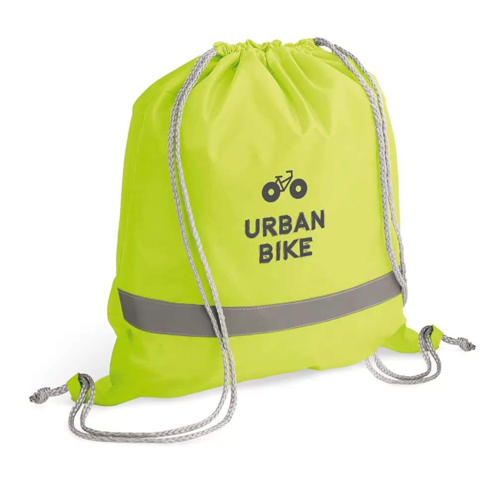 Sacola tipo mochila Rules verde-limão neon com faixa refletiva e estampa personalizada