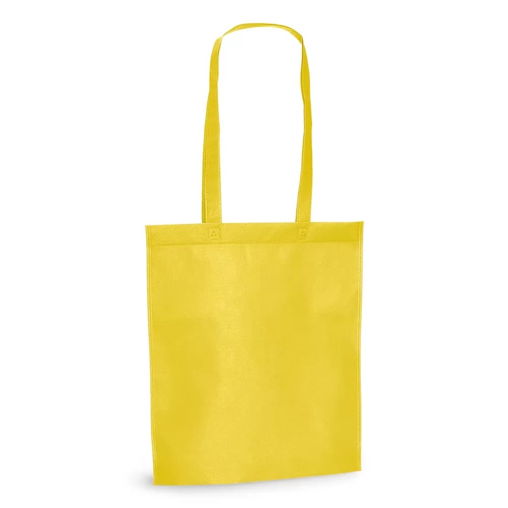 Sacola Non-Woven Canary rosa personalizada com logo frontal e alças longas sobre fundo branco