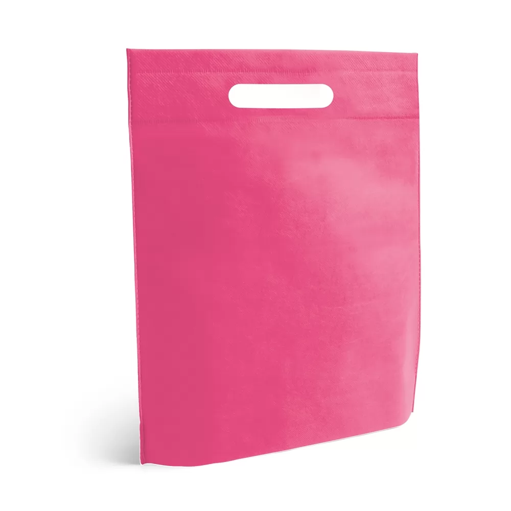 Sacola Roterdam em non-woven na cor rosa com alça vazada, vista em ângulo