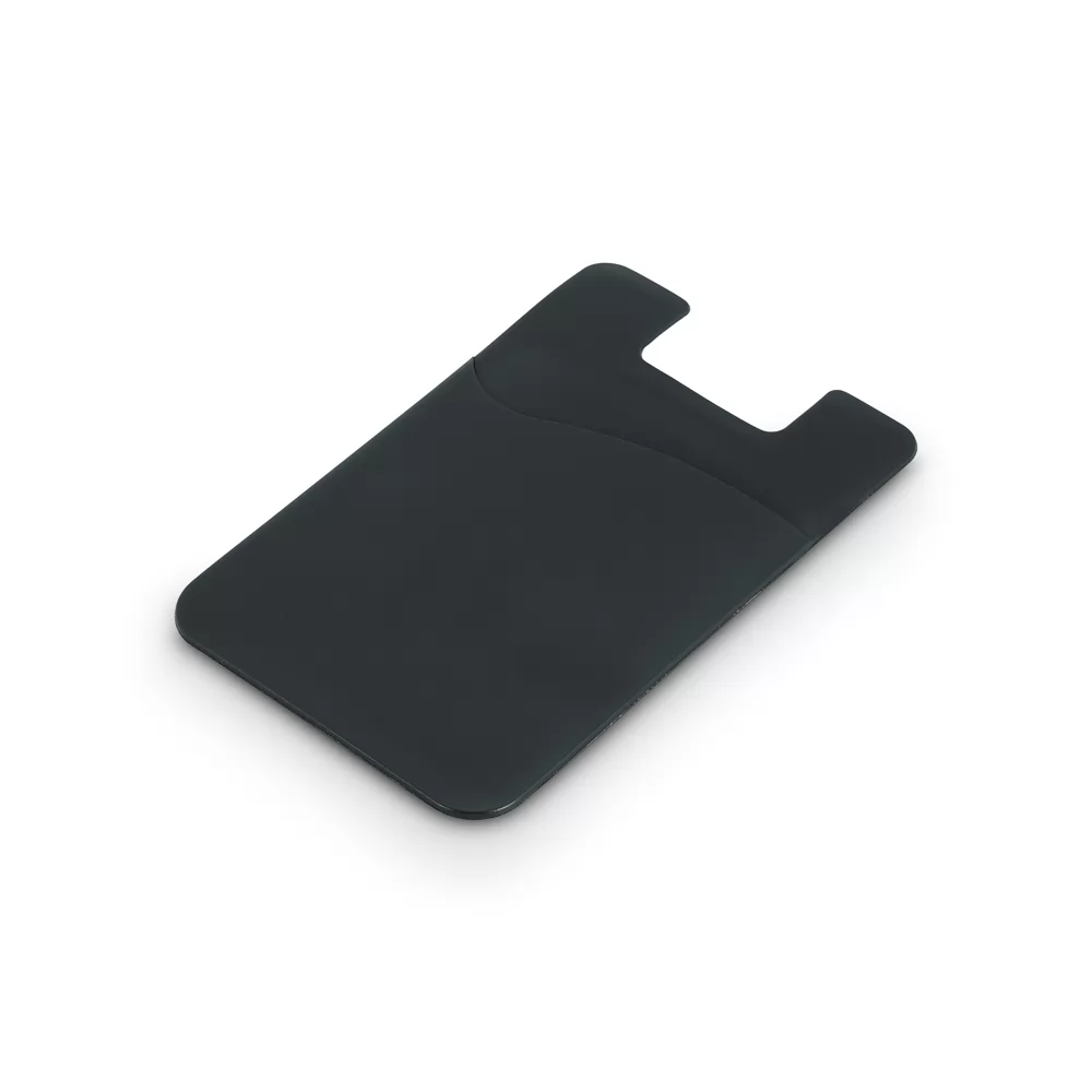 Porta-cartões para celular Bell preto em silicone exibido em ângulo sobre fundo branco