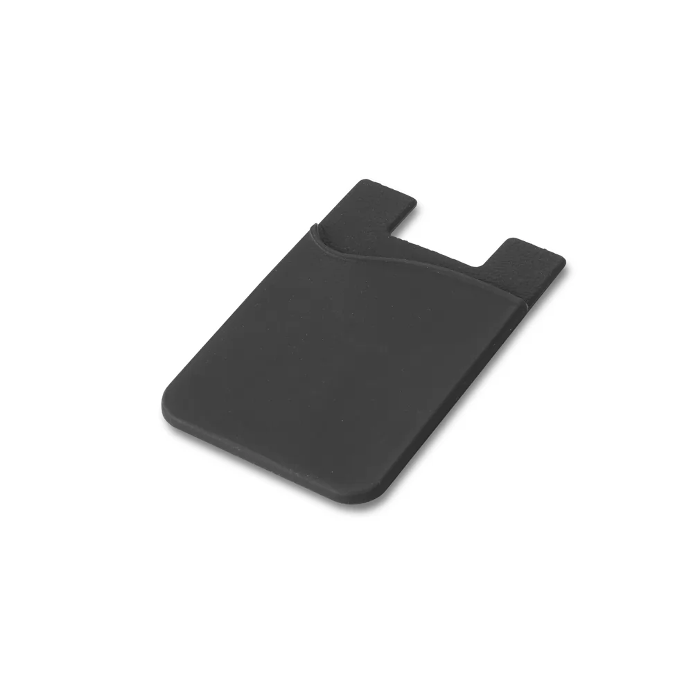 Porta cartões para celular Shelley em silicone preto, exibido em ângulo diagonal sobre fundo branco