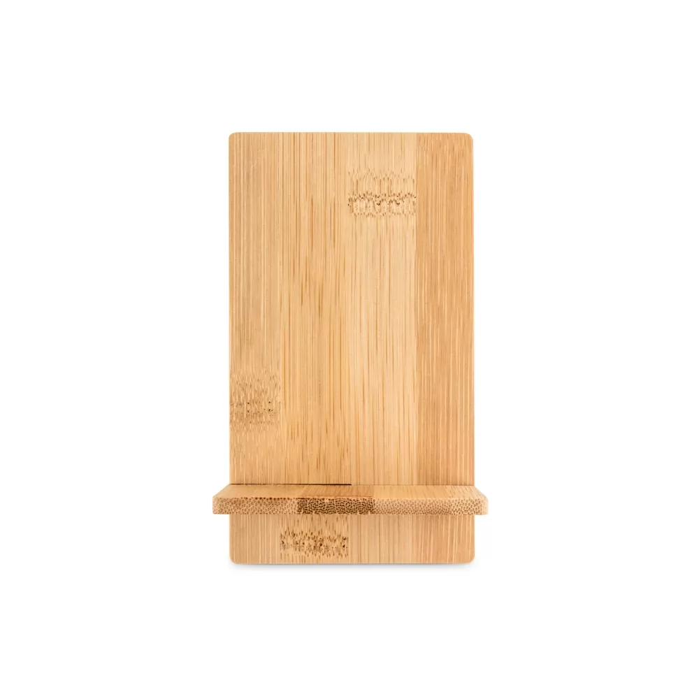 Suporte para celular desmontável em bambu natural visto de frente sobre fundo branco