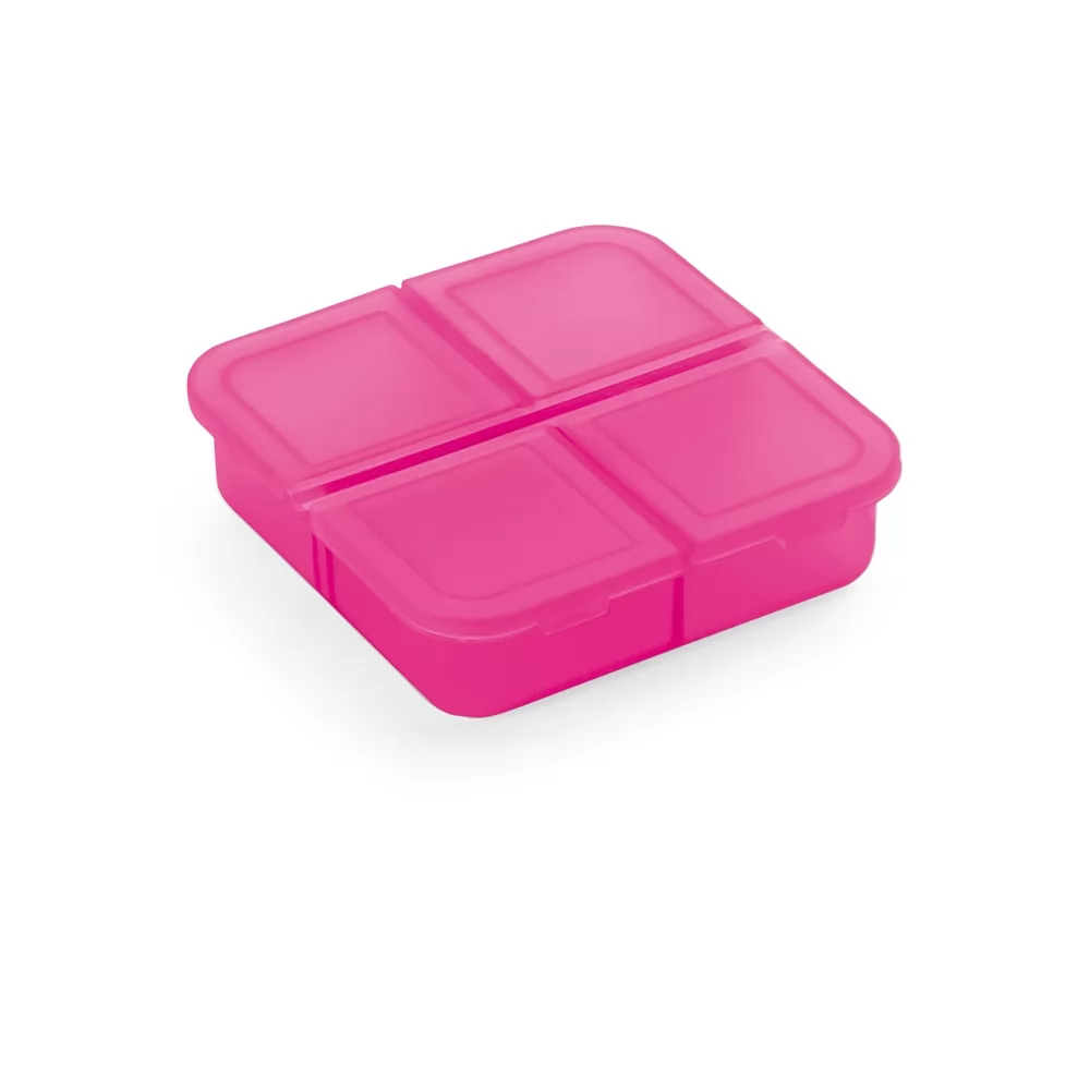 Porta-comprimidos Roberts 4 divisórias em plástico rosa fechado sobre fundo branco