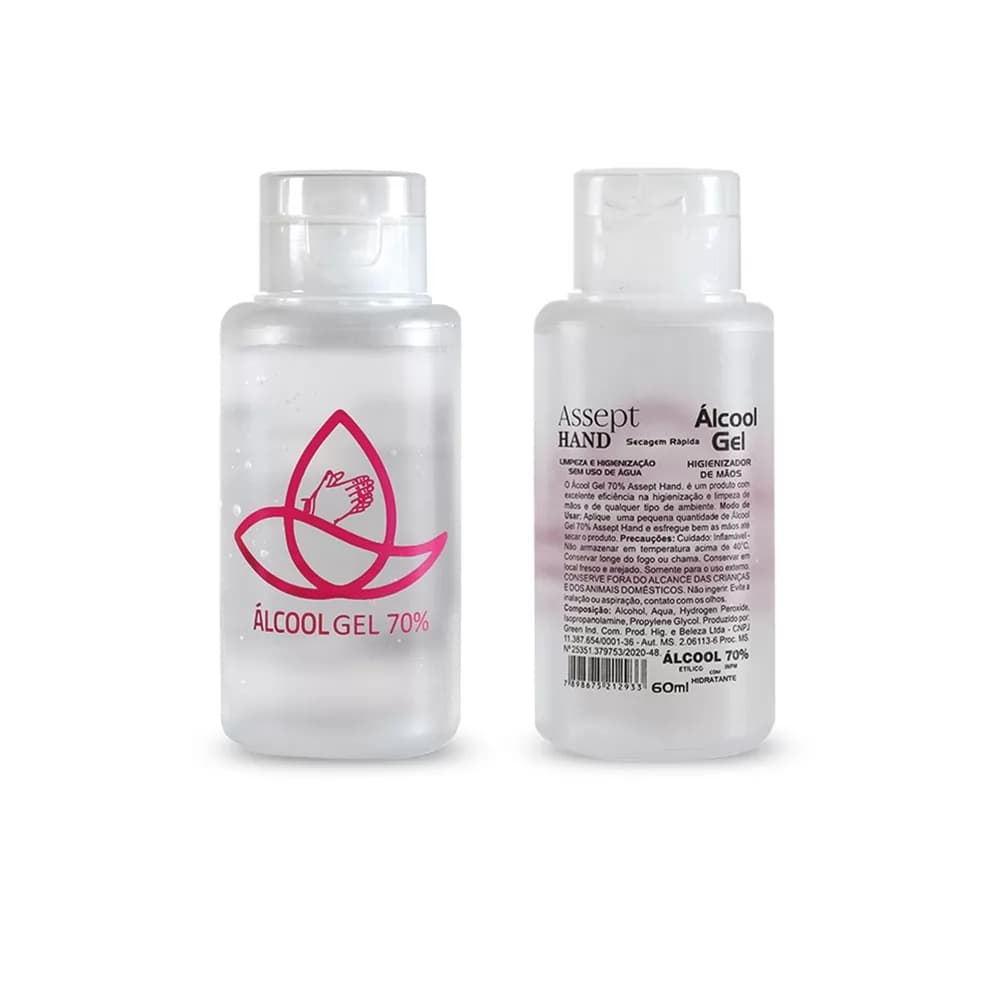 Álcool em gel 70% antisséptico 60ml em frasco transparente com tampa flip-top de frente e verso
