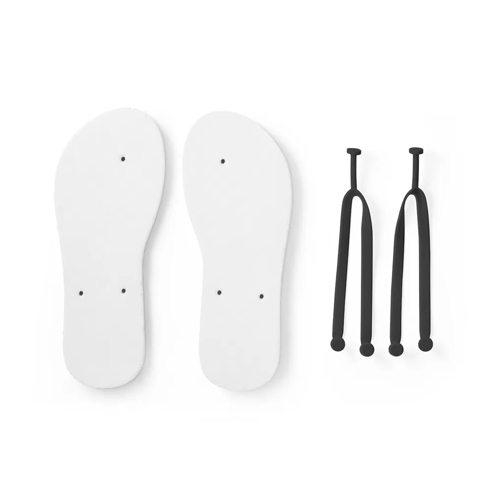 Chinelo Bali desmontado com solado branco e tiras pretas em vista superior