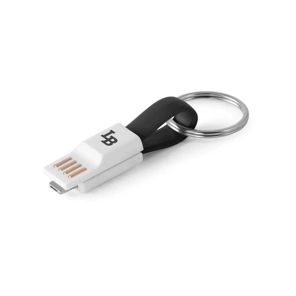 Cabo USB com conector 2 em 1 Riemann em formato de chaveiro preto e branco personalizado com logo