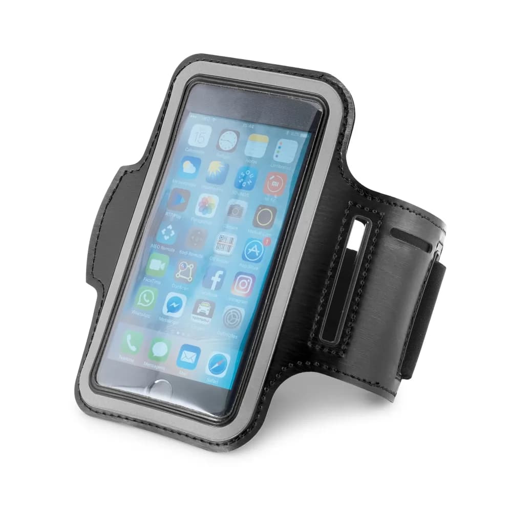 Braçadeira para celular Bryant preta com visor transparente e smartphone em vista angular