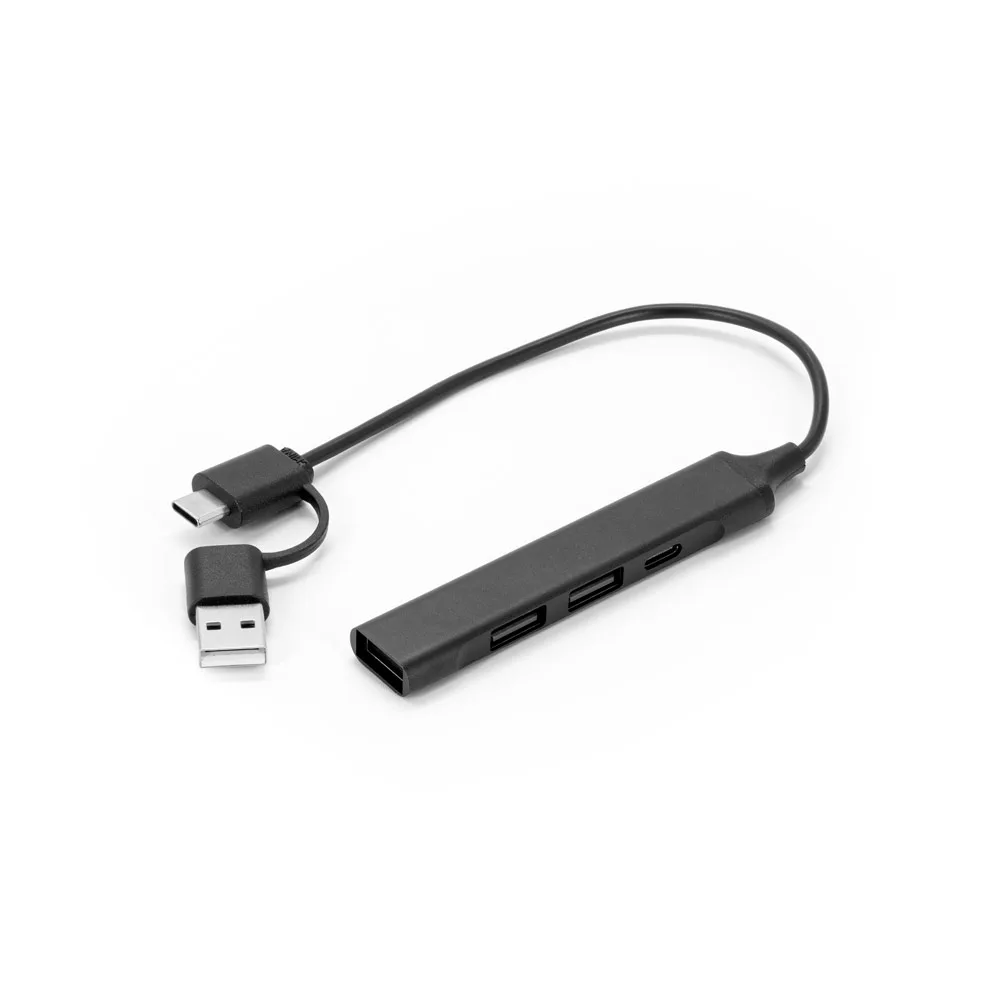Hub USB preto com cabo e conector duplo USB-A e USB-C, com detalhe do uso conectado a notebook e celular
