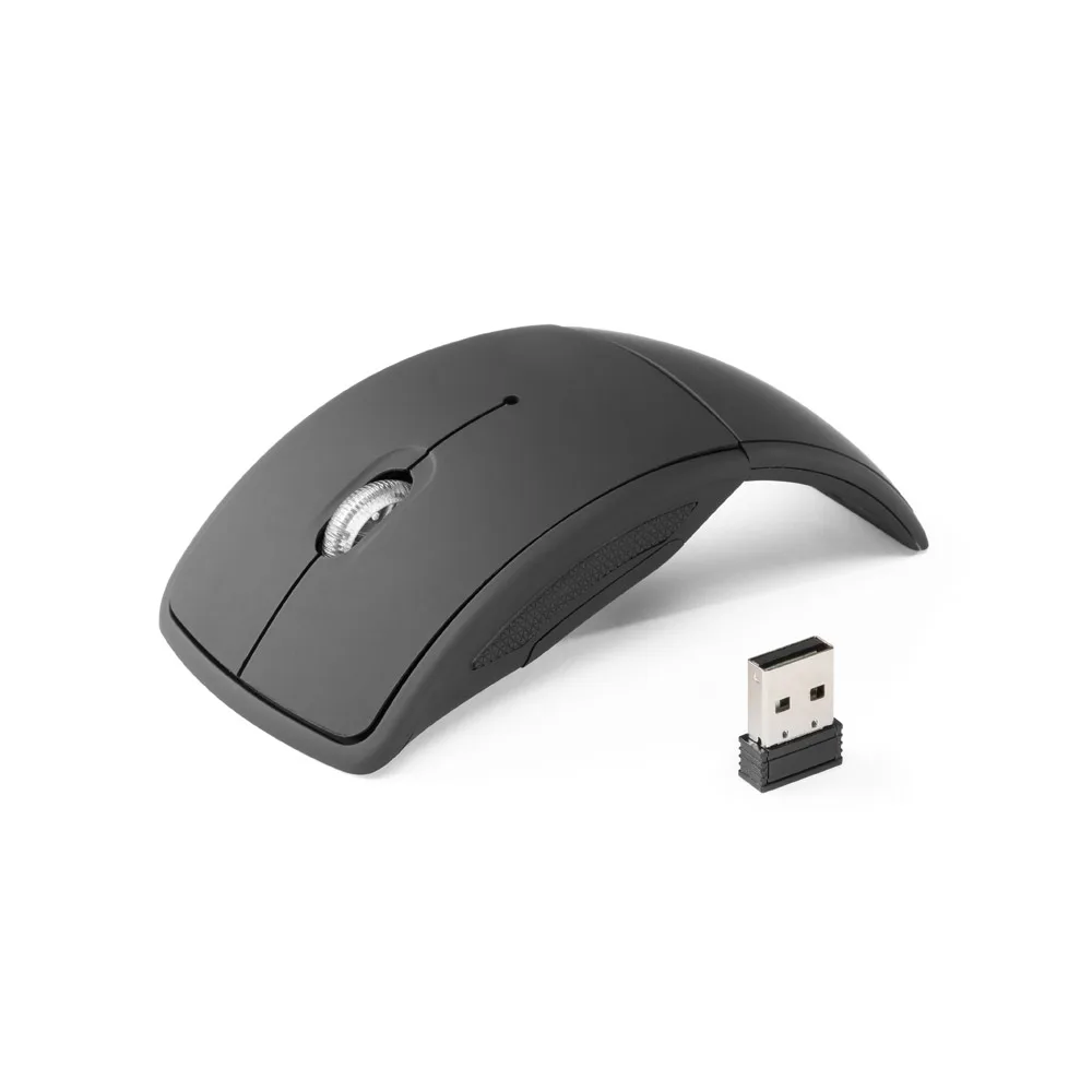 Mouse sem fio dobrável preto em arco, dentro da caixa transparente, dobrado e ao lado do receptor USB