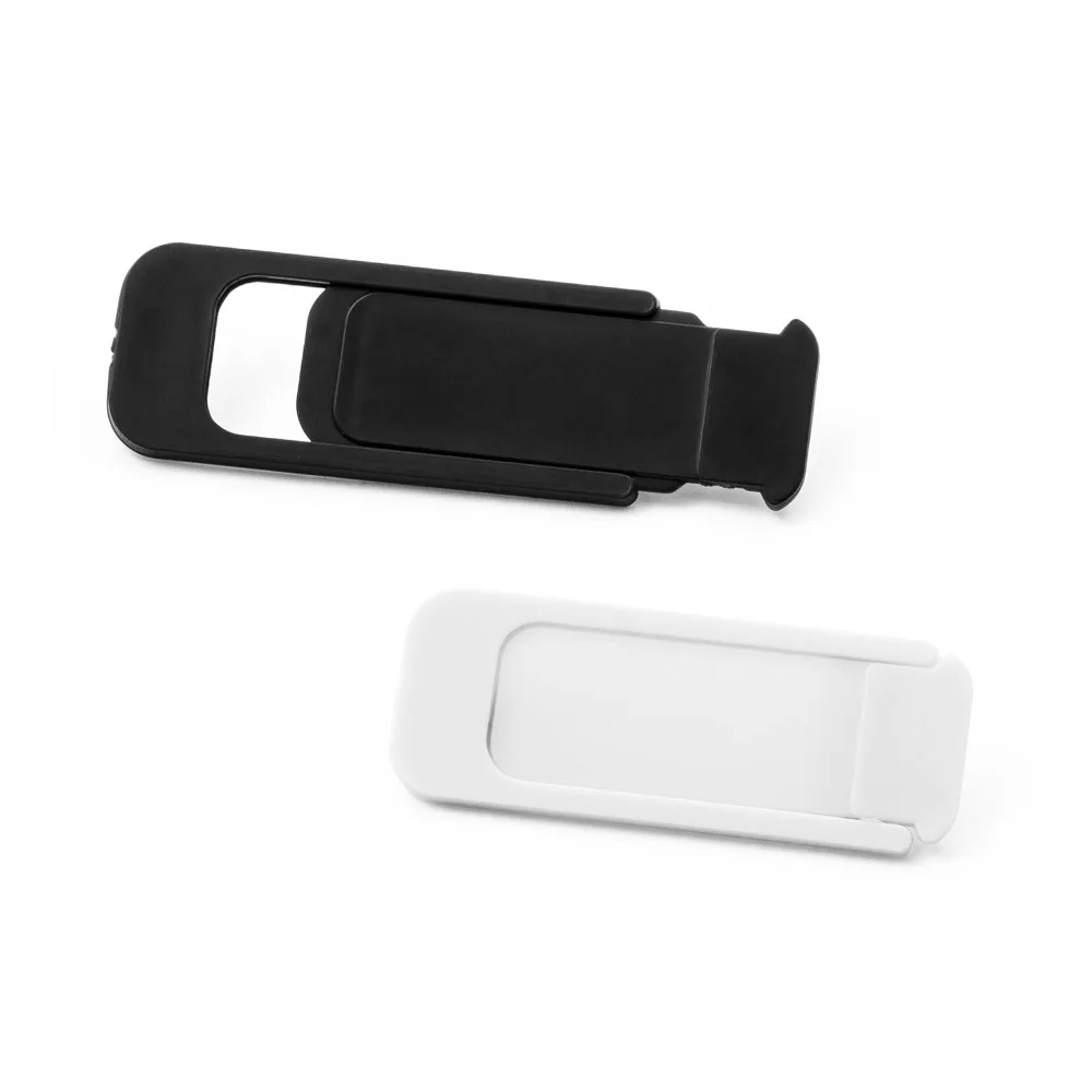 Dois protetores de webcam com tampa deslizante, um preto e outro branco, lado a lado sobre fundo branco