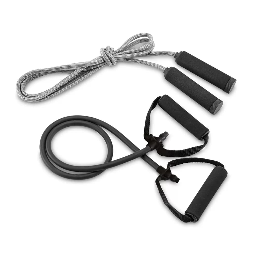 Kit Fitness Brady com corda de pular cinza e elástico extensor com manoplas pretas de espuma