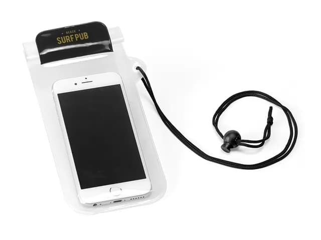 Bolsa para celular Egeu transparente com smartphone no interior, cordão preto ajustável e fecho personalizado