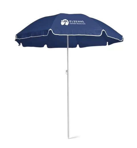 Guarda-sol Dering azul-marinho aberto com detalhes em branco e logotipo personalizado estampado