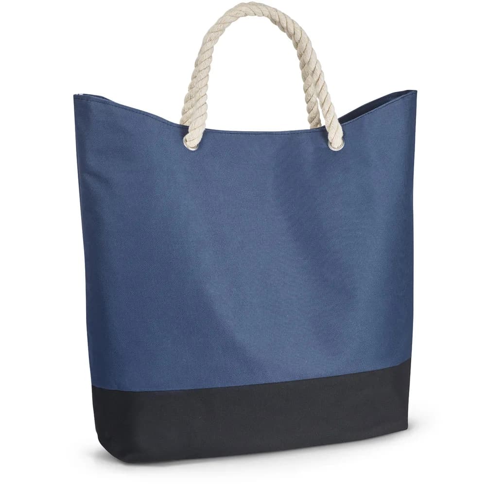 Sacolas de praia Kenza branca e azul com base escura e alças em corda de algodão lado a lado
