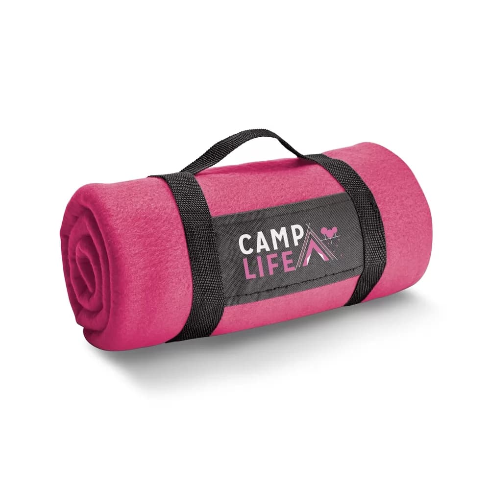 Manta polar rosa enrolada com alça preta para transporte personalizada com estampa Camp Life