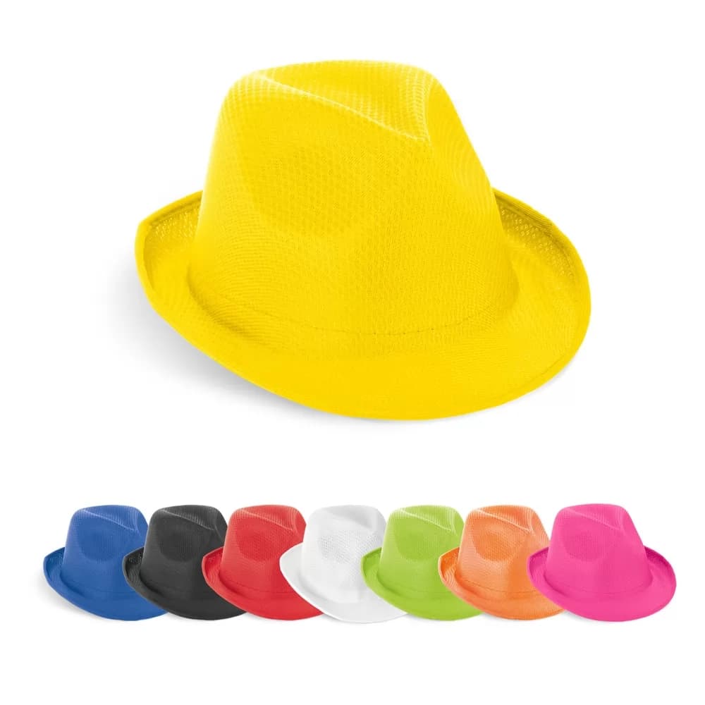 Chapéu Manolo amarelo em destaque e opções de cores alinhadas abaixo sobre fundo branco