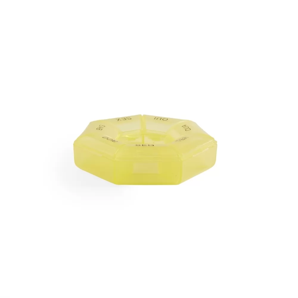 Porta comprimidos semanal amarelo translúcido em plástico com divisórias para os dias da semana
