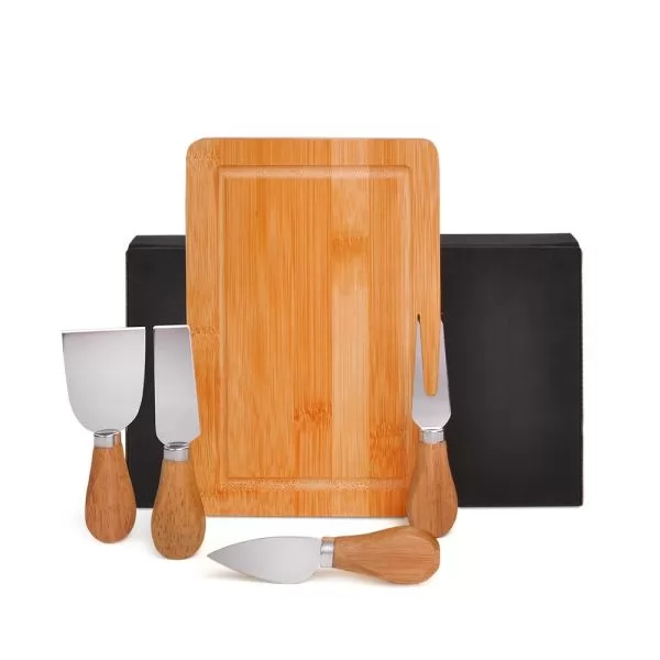 Conjunto para queijo em bambu e inox com tábua retangular, quatro utensílios e estojo preto