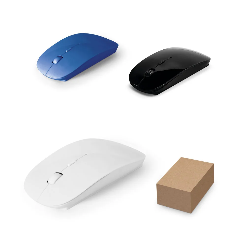 Mouses sem fio Blackwell nas cores azul royal, preto e branco ao lado da caixa de papel kraft