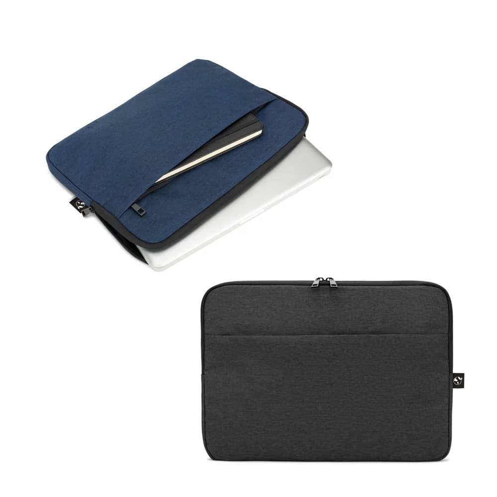 Pastas para notebook em azul e cinza escuro, a azul com notebook e caneta saindo pela abertura superior