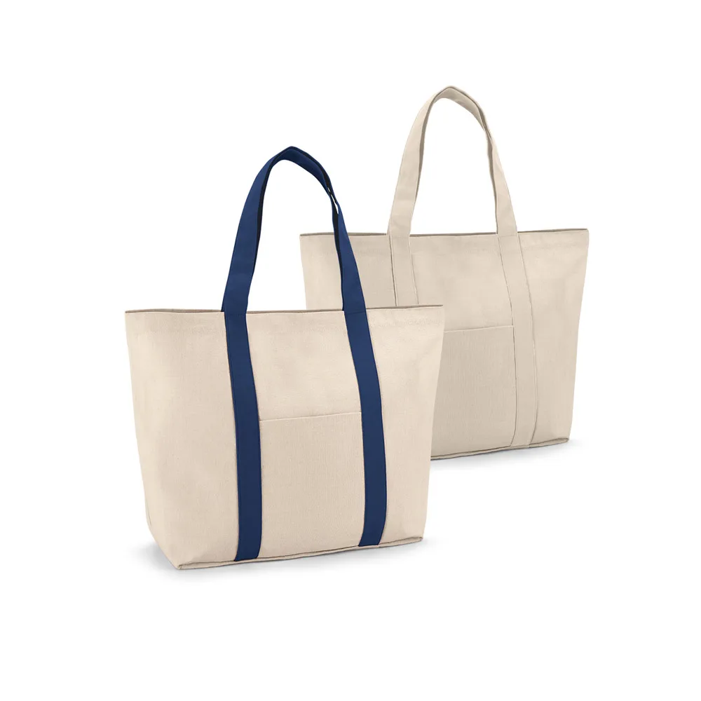 Duas sacolas Ville em canvas natural, uma com alças azuis e outra com alças natural claro