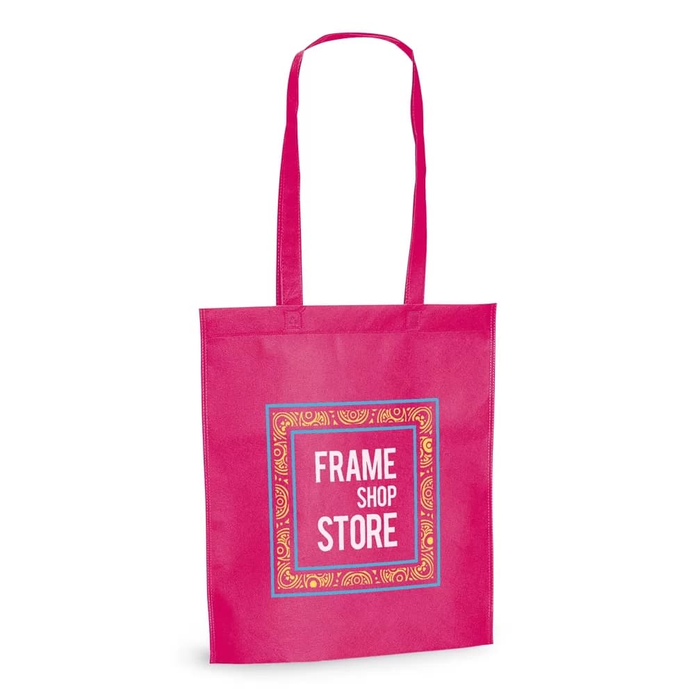 Sacola Non-Woven Canary rosa personalizada com logo frontal e alças longas sobre fundo branco