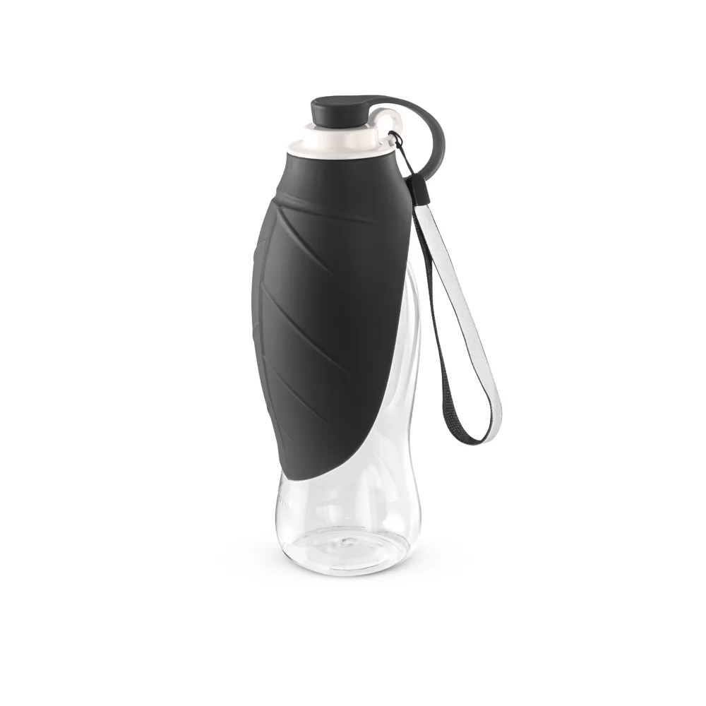 Squeeze para pet transparente com folha de silicone preta e alça sobre fundo branco