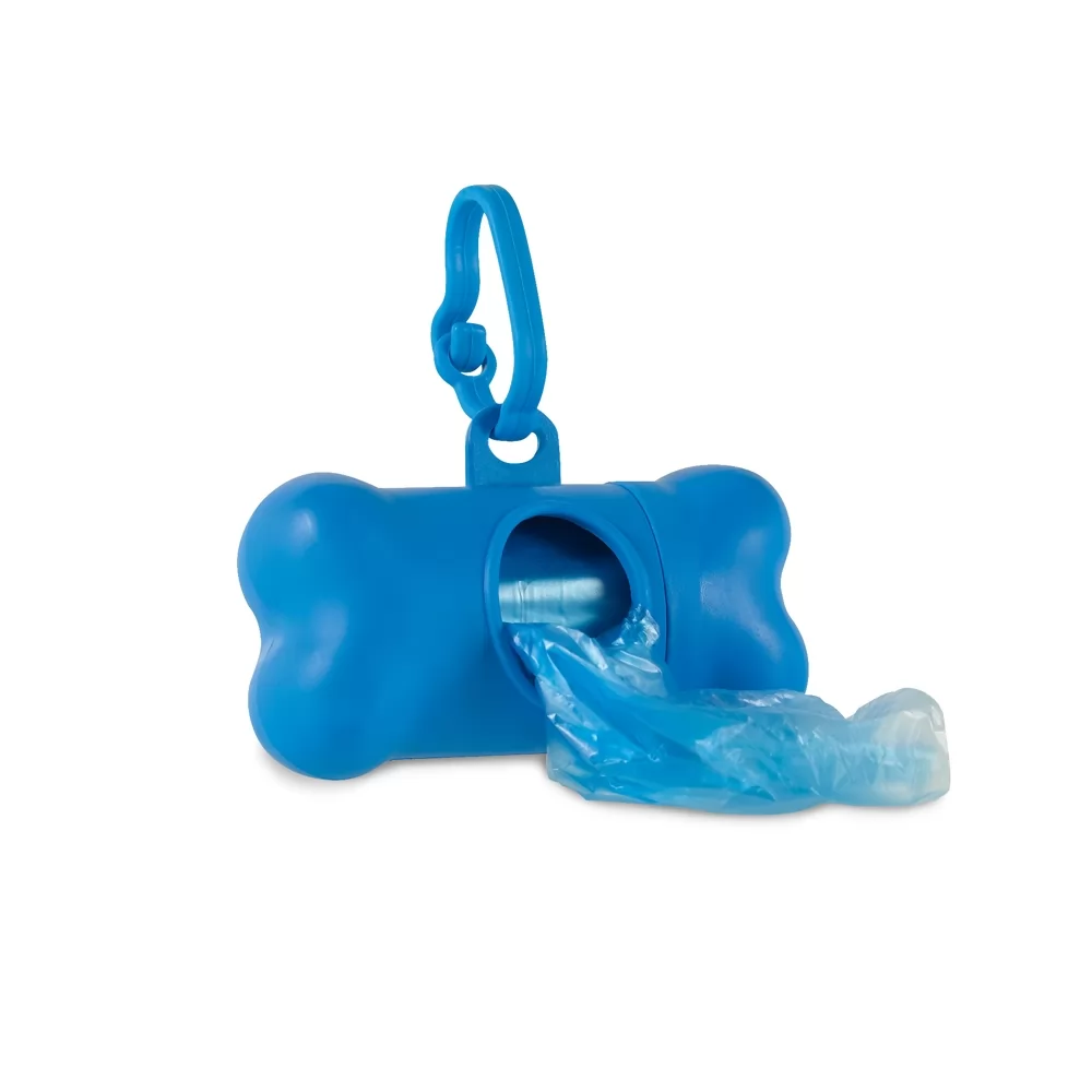 Kit de higiene para cachorro Trotte em formato de osso azul de plástico com mosquetão e saquinho saindo