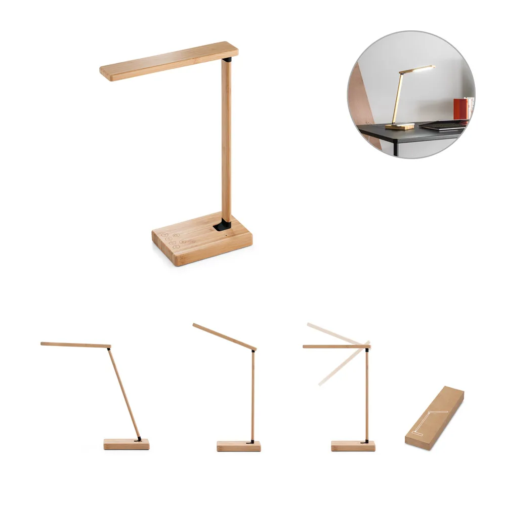 Luminária de mesa em bambu aberta, em diferentes ângulos de haste, fechada e em detalhe sobre mesa